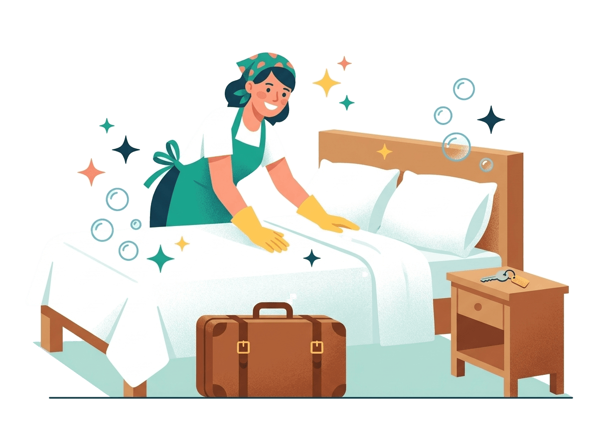 Ilustrace úklidu Airbnb apartmánu - převlékání postele